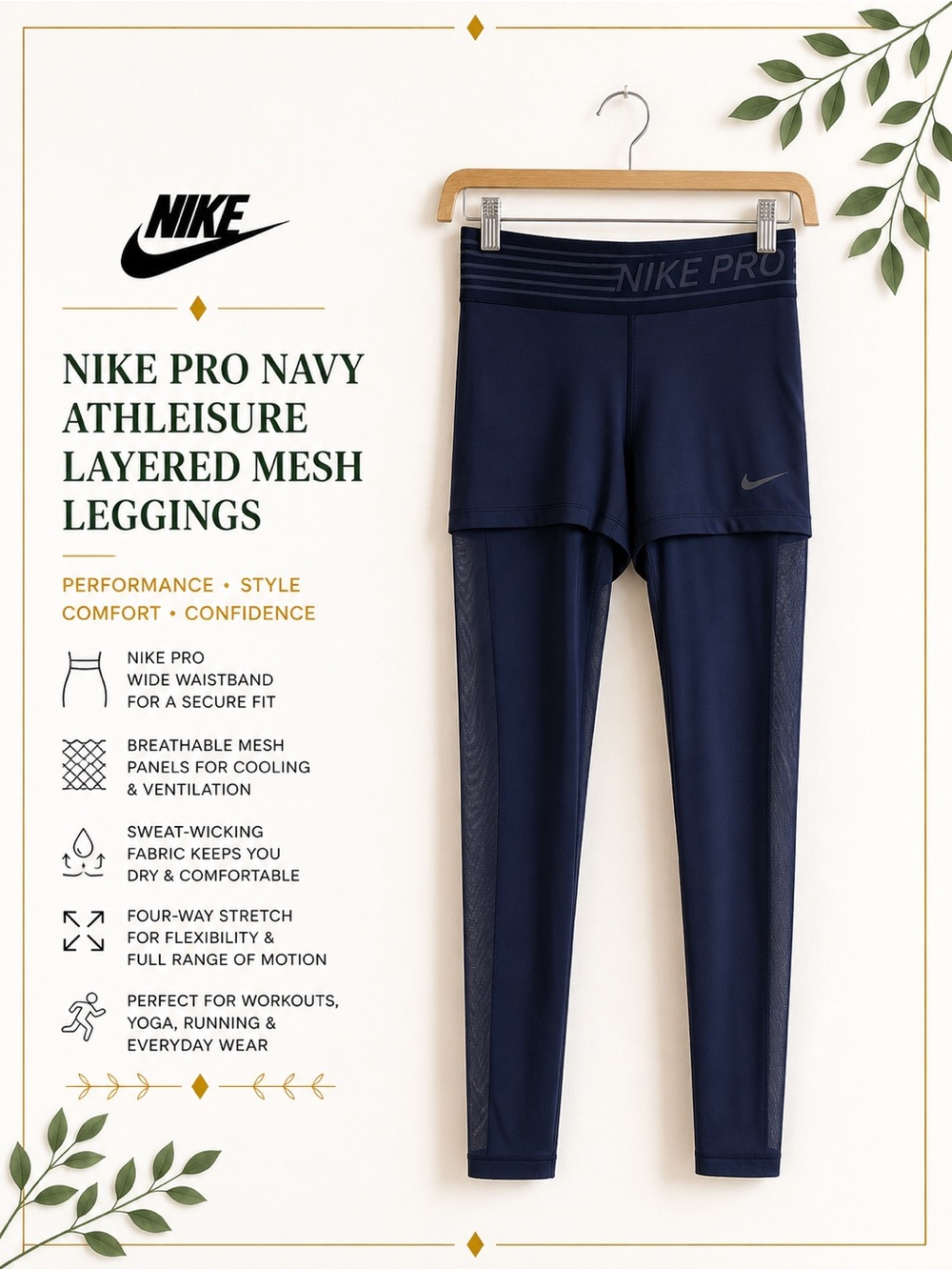 Nike Pro Navy Athleisure Sporty Streetwear Layered Mesh Leggings XS